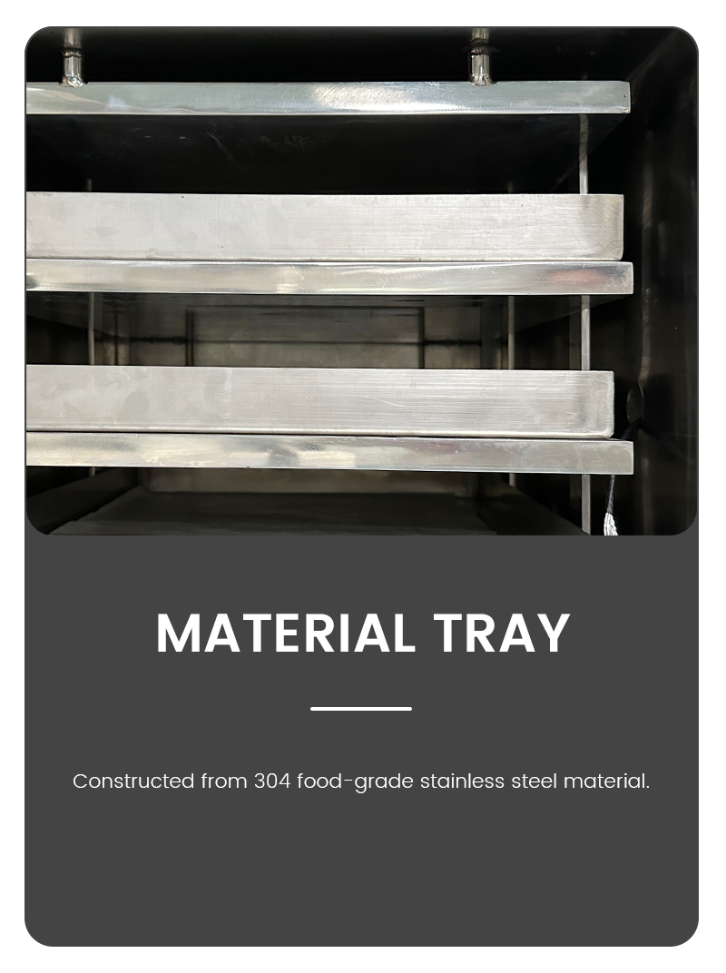 Material tray interior shot showing multiple layers of 304 food-grade stainless steel trays inside a professional vacuum freeze dryer chamber.